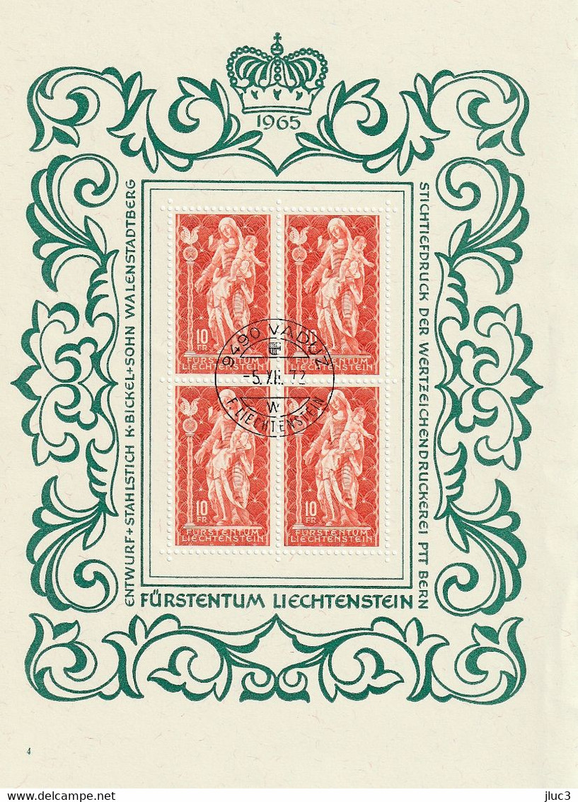 ZLieBO397 - LIECHTENSTEIN 1965 - Le BLOC-TIMBRES  Avec Empreinte 'PREMIER JOUR'  Madonna Lignea Del 1700 Di Schellenberg - Máquinas Franqueo (EMA)