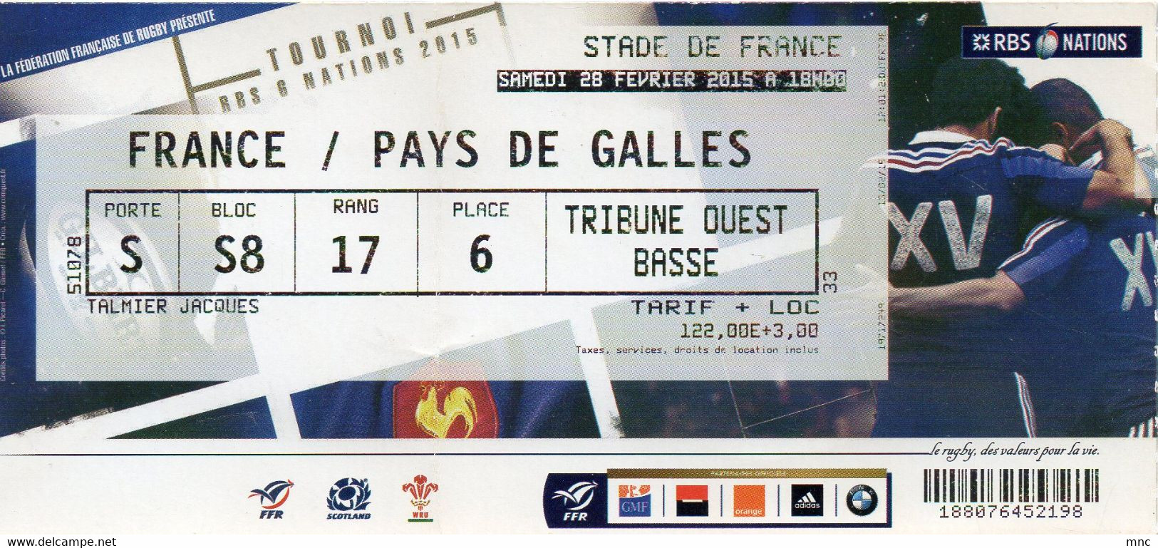 Billet Du Match FRANCE / PAYS DE GALLES Tournoi Des 6 Nations 2015 - Rugby