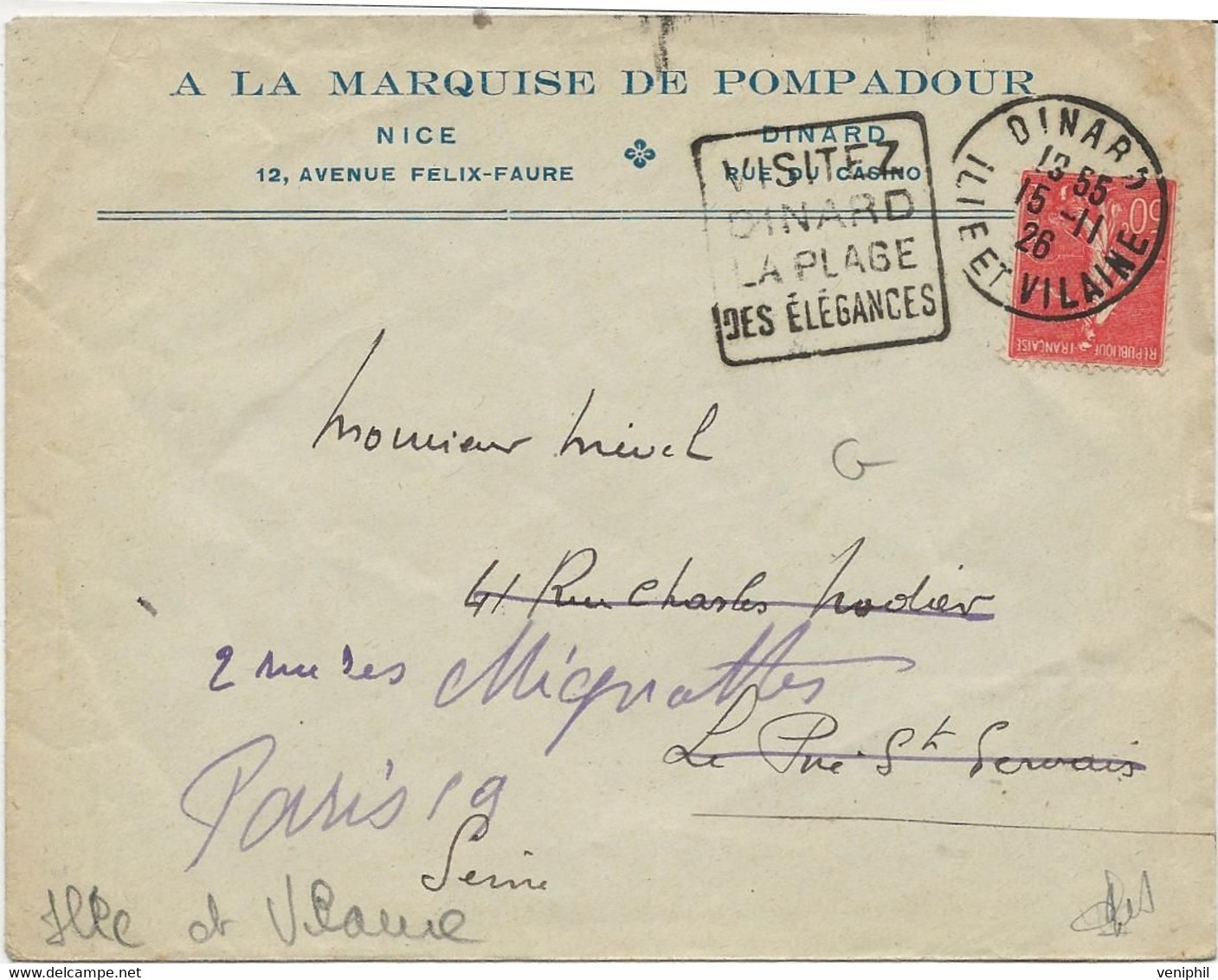LETTRE OBLITERATION DAGUIN " VISITEZ DINARD LA PLAGE DES ELEGANTES - 1926 - Mechanical Postmarks (Other)