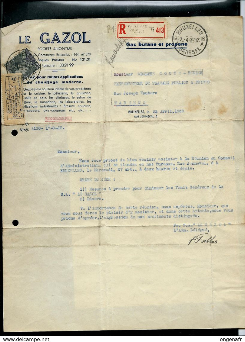 Doc. De BRUXELLES - 16 A - BRUSSEL  Du 22/04/1938 Avec Poortman N° 432  En Rec. (E ) - Rural Post