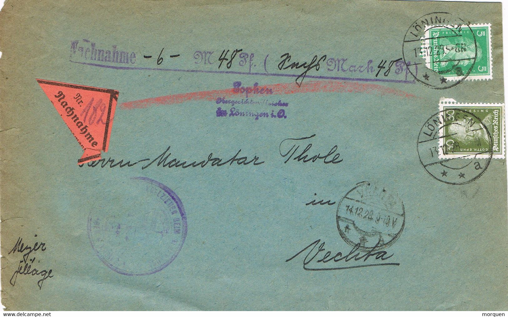 37843. Carta Envio Dinero, NACHNAHME, LONINGEN (Alemania Reich)  1928 - Other & Unclassified