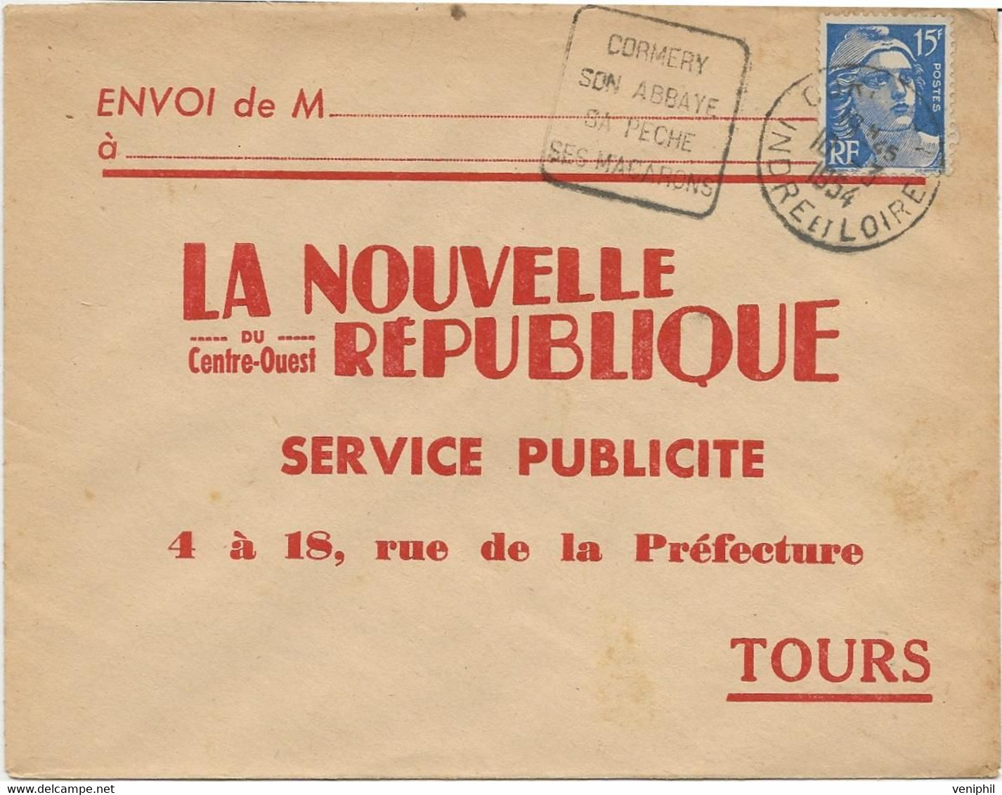 LETTRE OBLITERATION DAGUIN " CORMERY SON ABBAYE SA PECHE SES MACARONS - ANNEE 1954 - Mechanical Postmarks (Other)