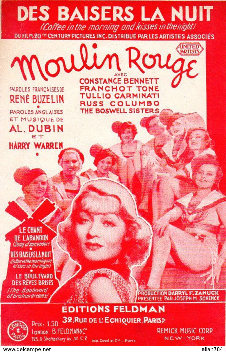 DU FILM MOULIN ROUGE - DES BAISERS LA NUIT - C. BENNETT / F. TONE - 1933 - ETAT PROCHE DU NEUF - - Film Music