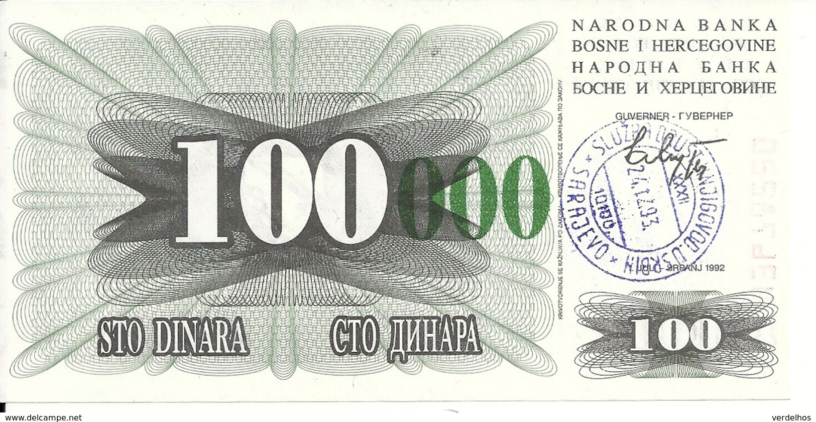 BOSNIE HERZEGOVINE 100000 DINARA 1993 UNC P 56 I - Bosnia Erzegovina