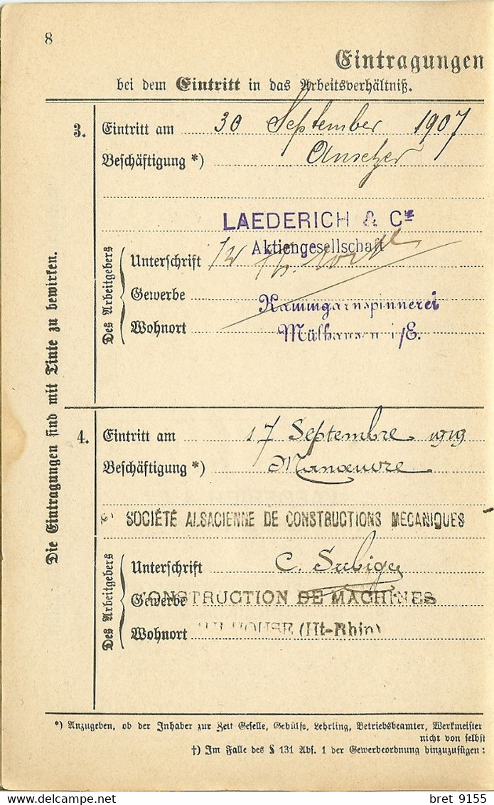 68 ILLFURT MULHOUSE CARNET DE TRAVAIL STE GLUCK ET LAEDERICH STE ALSACIENNE DE CONSTRUCTION MECANIQUES 1899 - Unclassified