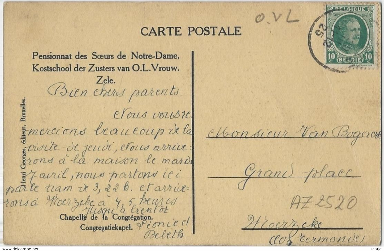 Zele   -   Pensionnat Des Soeurs De Notre-Dame. - Chapelle De La Congrégation. -  (met Kreukje)  1925   Naar   Moerzeke - Zele