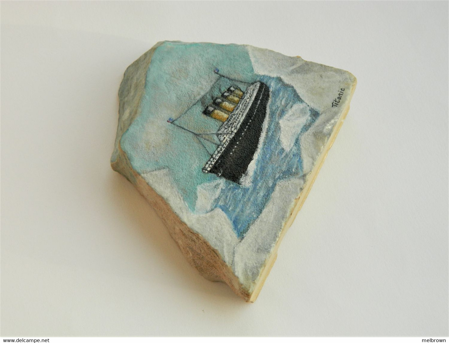 Original Painting Of The Titanic Hand Painted On A Spanish Tosca Stone Paperweight - Maritime Decoration
