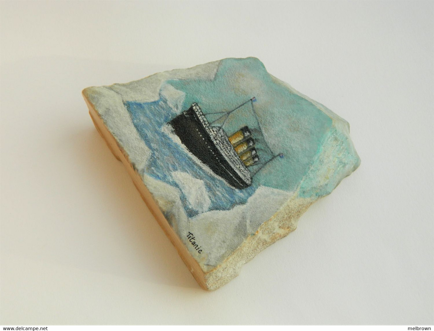 Original Painting Of The Titanic Hand Painted On A Spanish Tosca Stone Paperweight - Maritime Decoration