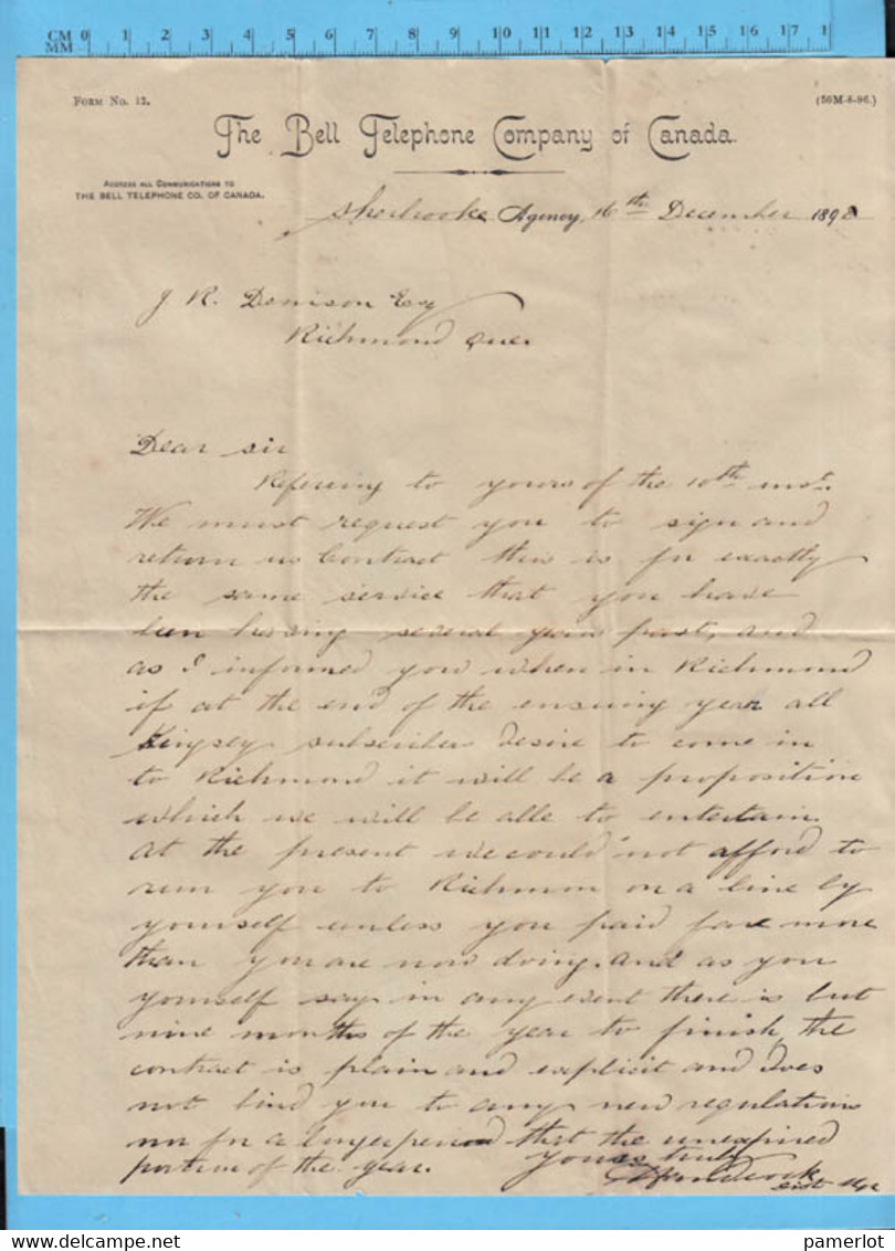 1898 - Bell Telephone Canada - Letter To J.R. Dennison Richmond Que. Sherbrooke Agency - Otros & Sin Clasificación