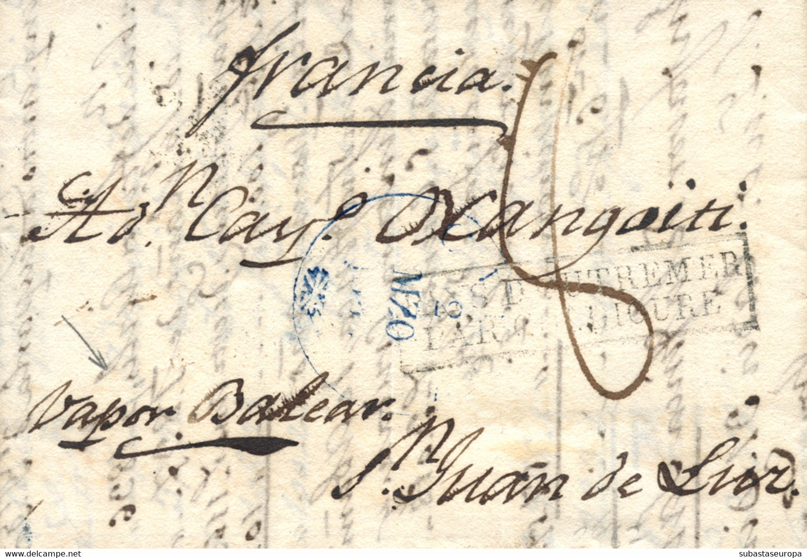 1839 (2 MAR). Carta De Cádiz A San Juan De Luz. Mms. "Vapor Balear" Y Marca "PAYS D'OUTREMER / PAR COLLIOURE" Recuadrada - Carlistes