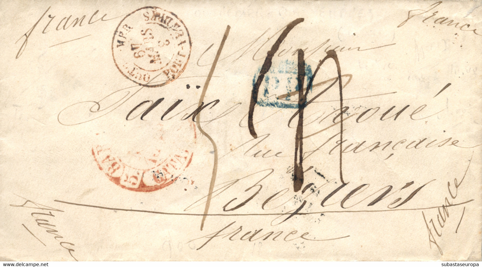 1849 (MAR). Carta De Barcelona A Beziers (Francia). SMC. Fechador Y "PP" En Azul De Barcelona (nº 53 Y 70). Fechador De - Carlistas