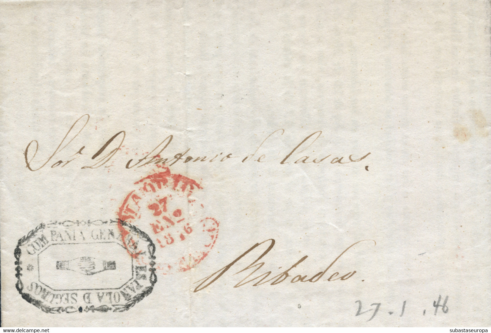 1846 (27 -ENE). Carta De Madrid A Ribadeo. Fechador En Rojo Nº 19 Y Franquicia De La "COMPAÑÍA GENERAL ESPAÑOLA DE SEGUR - Franchise Postale