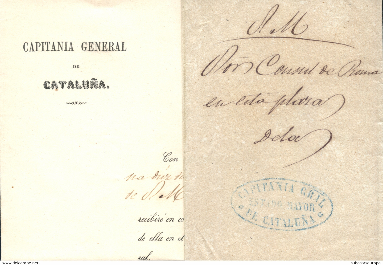 1857 (9 OCT). Carta Correo Interior De Barcelona. Comunicación Del Capitán General De Catalunya Del Cónsul De Roma En Mo - Franchise Postale