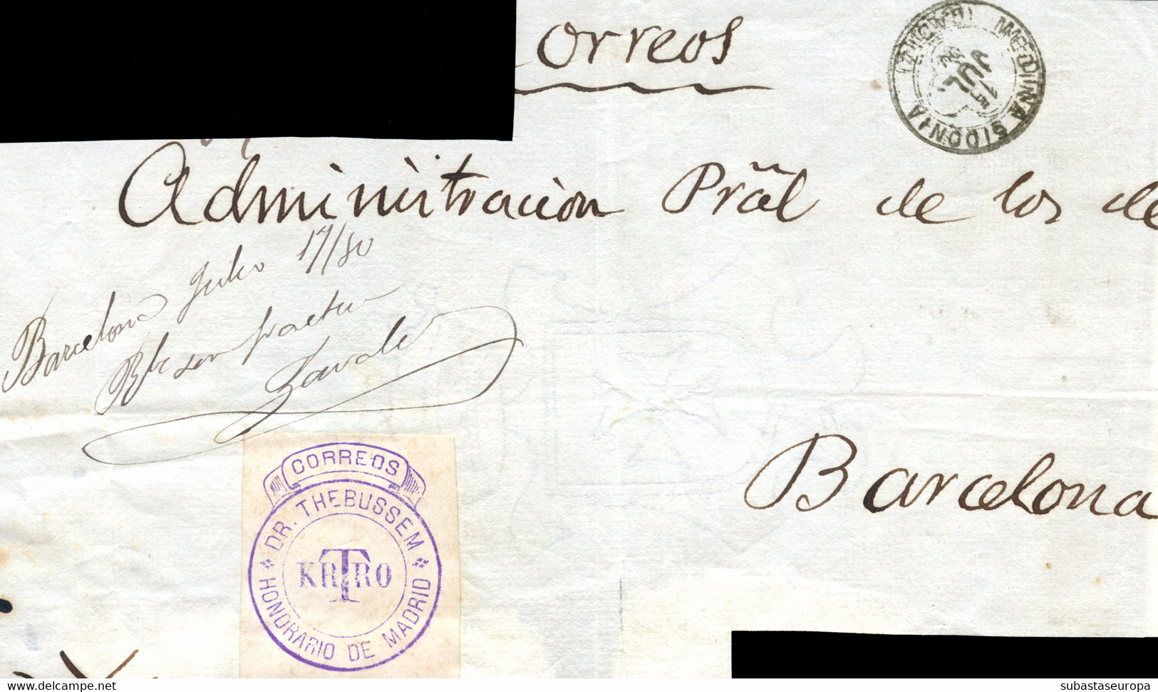 1880 (15 JUL). Frontal De Medina Sidonia A Barcelona. Frontal Certificado Dirigido A Admon. Pral. En El Frente Franquici - Franchise Postale