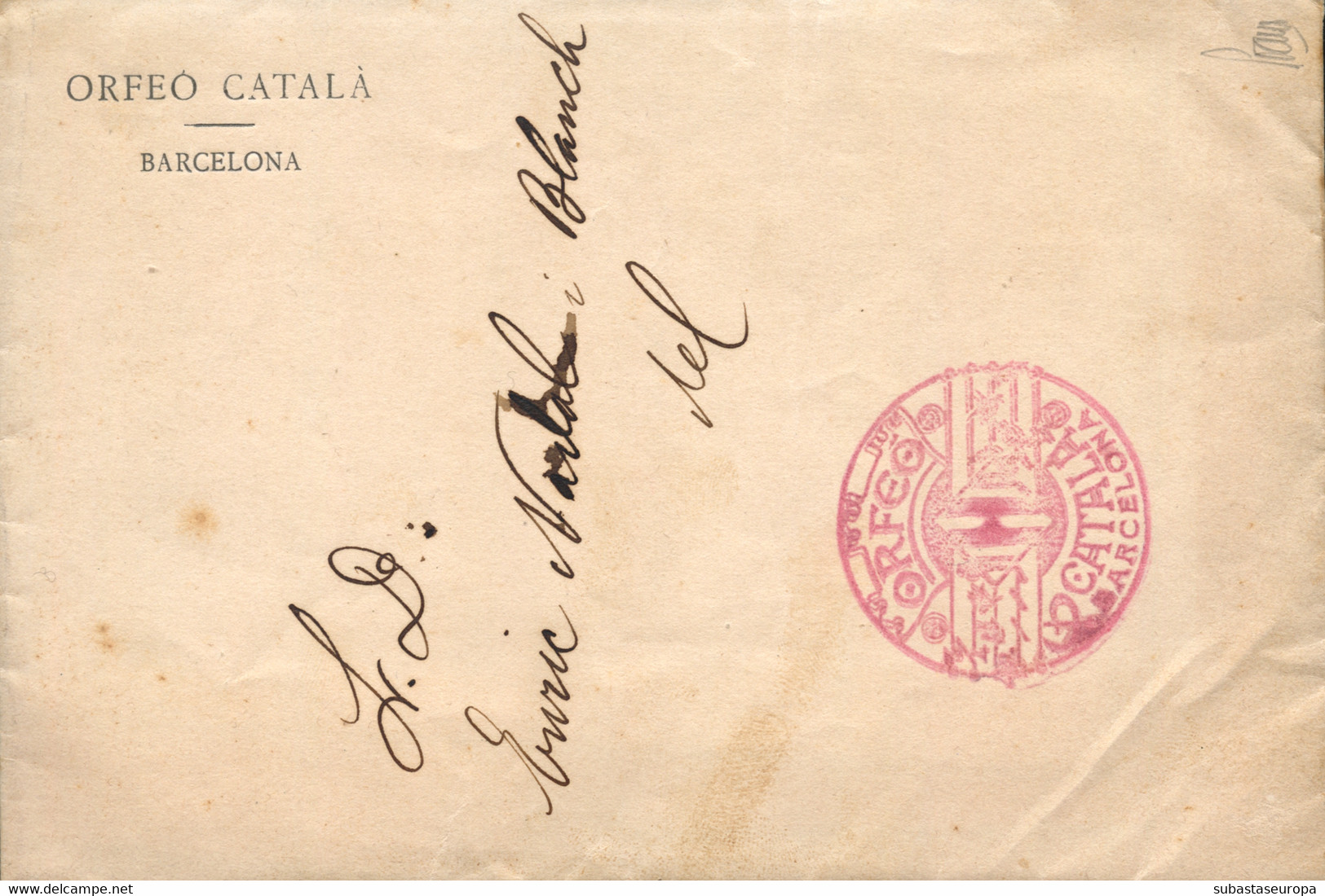 1913. Sobre Con Membrete Impreso Del Orfeó Català, Circulado En Barcelona. Franquicia En Rojo "ORFEO/CATALA/BARCELONA". - Franchise Postale