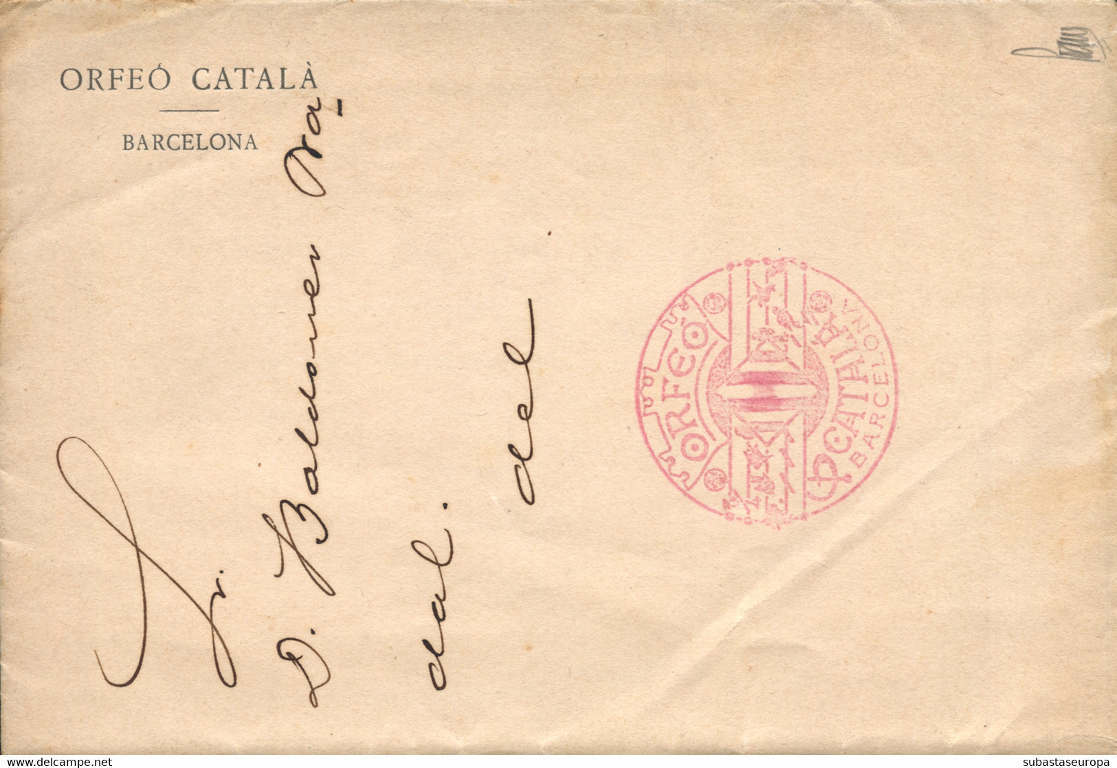 1913 (1 SEP). Carta Circulada Interior De Barcelona, Con Membrete Impreso "Orfeó Català" Y Franquicia En Rojo "ORFEO/CAT - Postage Free