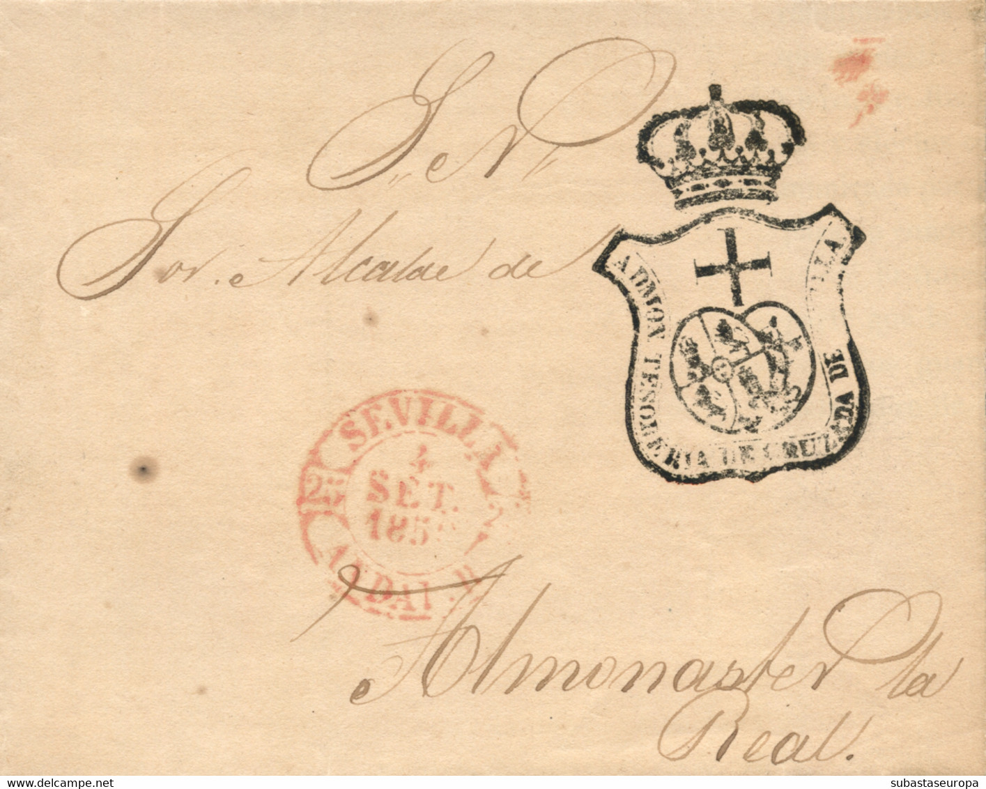 1850 (2 SEP). Carta De Sevilla A Almonaster La Real. Fechador Nº 31 De En Rojo Y Franquicia De La "ADMON TESORERIA DE CR - Franchise Postale