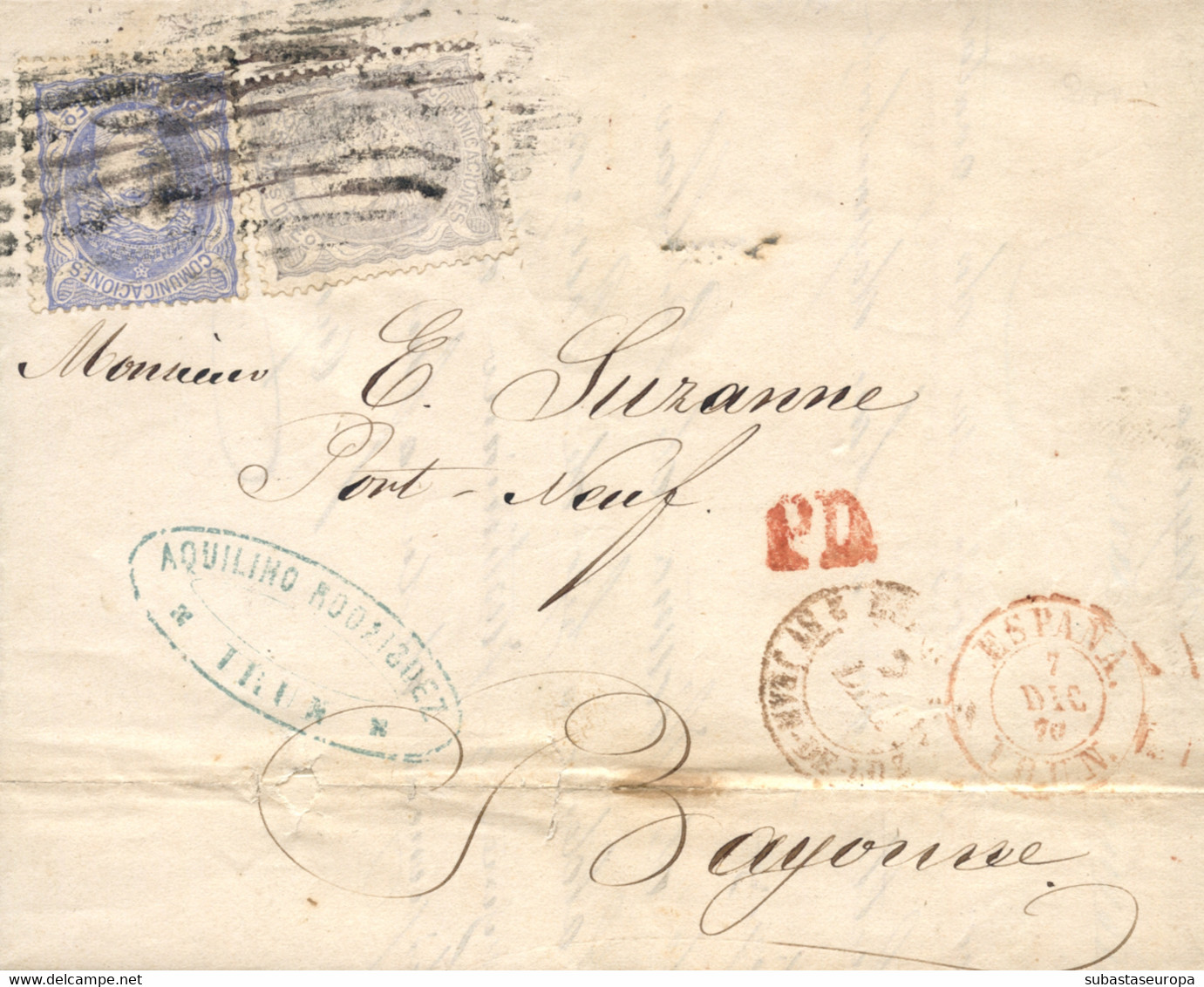 Ø 106 Y 107 En Carta De Irún A Bayona, El 7/12/1870. Mat. P.C. "50" Borrosa. En El Frente Fechador "ESPAÑA/IRUN" En Rojo - Covers & Documents