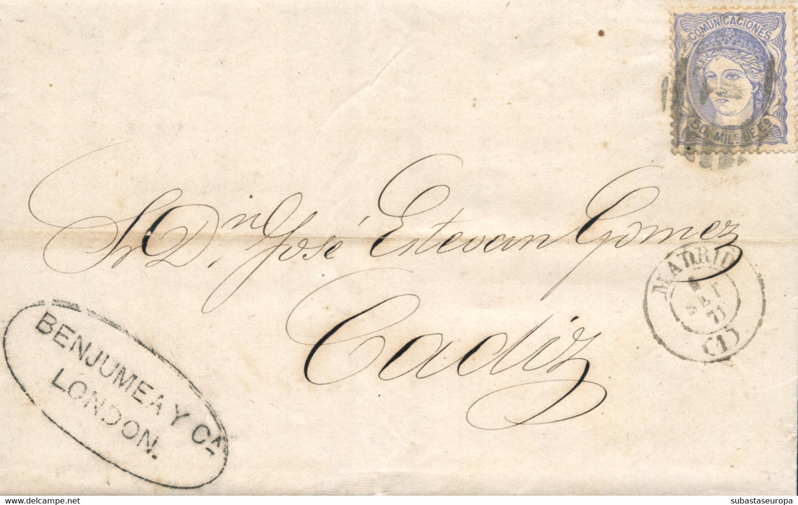 Ø 107 En Carta De Londres A Cádiz, El 5/9/1871. Depositada Fraudulentamente En El Correo De Madrid. En El Frente Fechado - Briefe U. Dokumente