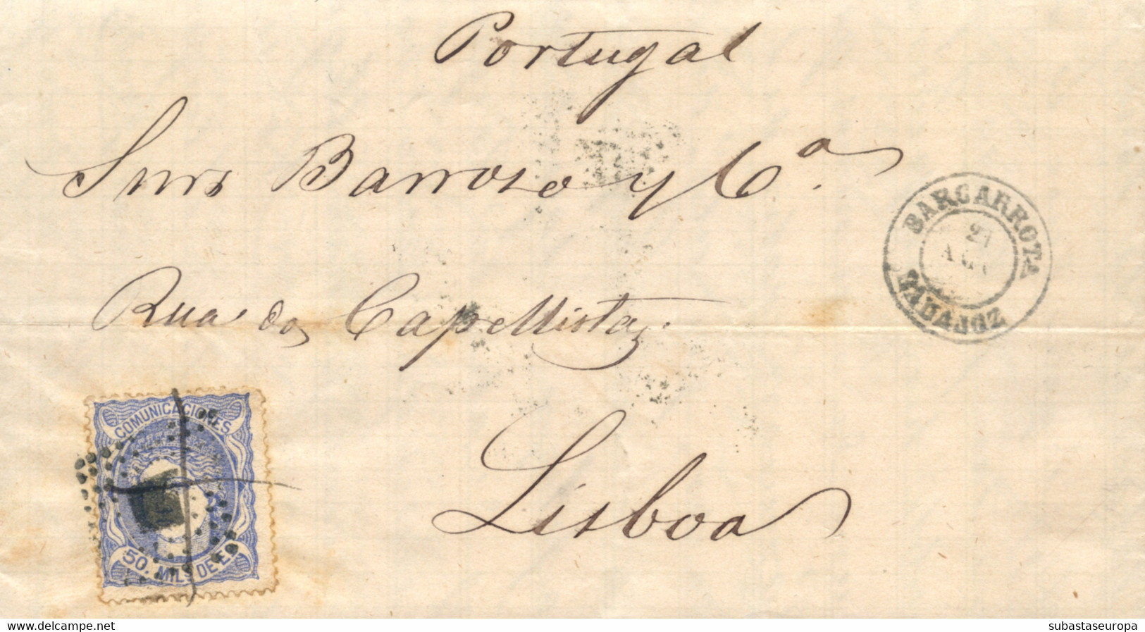 Ø 107 En Carta De Villanueva Del Fresno A Lisboa, El 21/8/1872. Mat. Mixto Cruz De Tinta Y R.P. En El Frente Fechador De - Briefe U. Dokumente