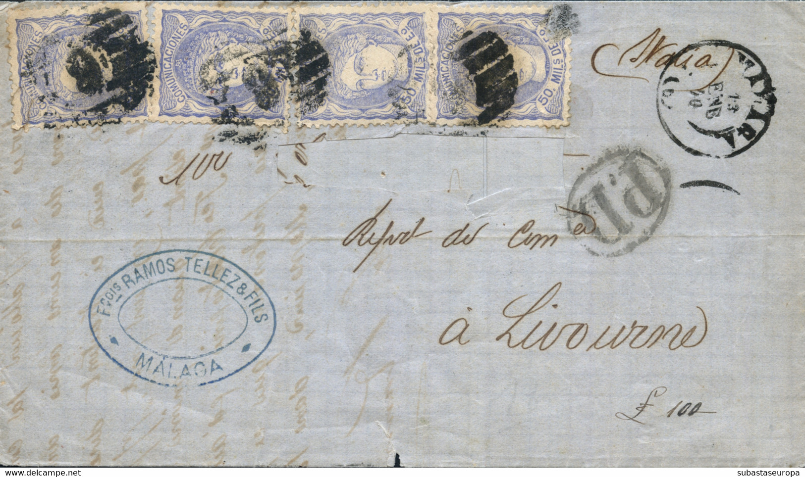 Ø 107(4) En Carta De Málaga A Livorno, El 13/1/1870. Mat. P.C. "6" En Negro De Málaga. En El Frente Fechador Y "P.D." Re - Covers & Documents