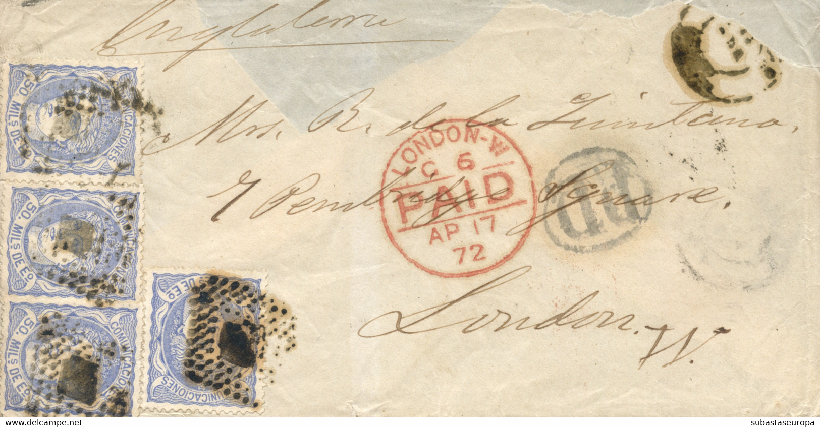 Ø 107(4) En Carta A Londres, El Mes De Abril 1872. Mat. R.P. En El Frente Fechador, "P.D." Y "LONDON/PAID" En Rojo. Al D - Lettres & Documents