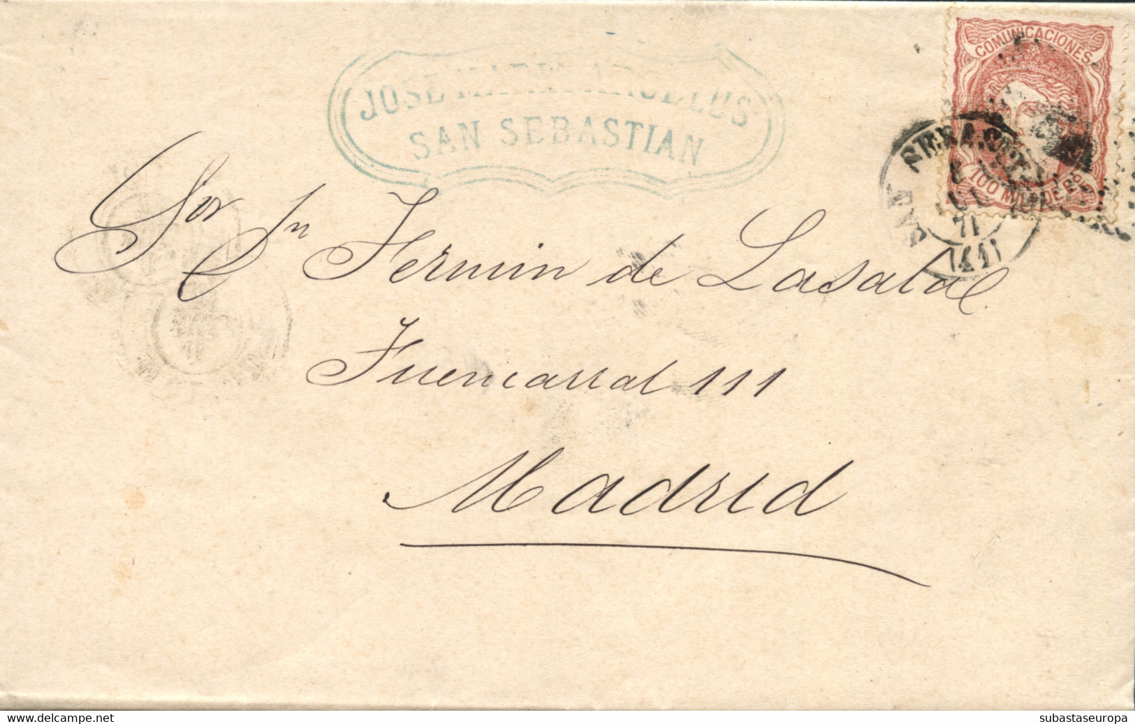 Ø 108 En Carta De San Sebastián A Madrid, El 5/7/1871. Mat. R.P. Y Fechador. Raro Uso De Este Sello En Doble Porte Nacio - Lettres & Documents