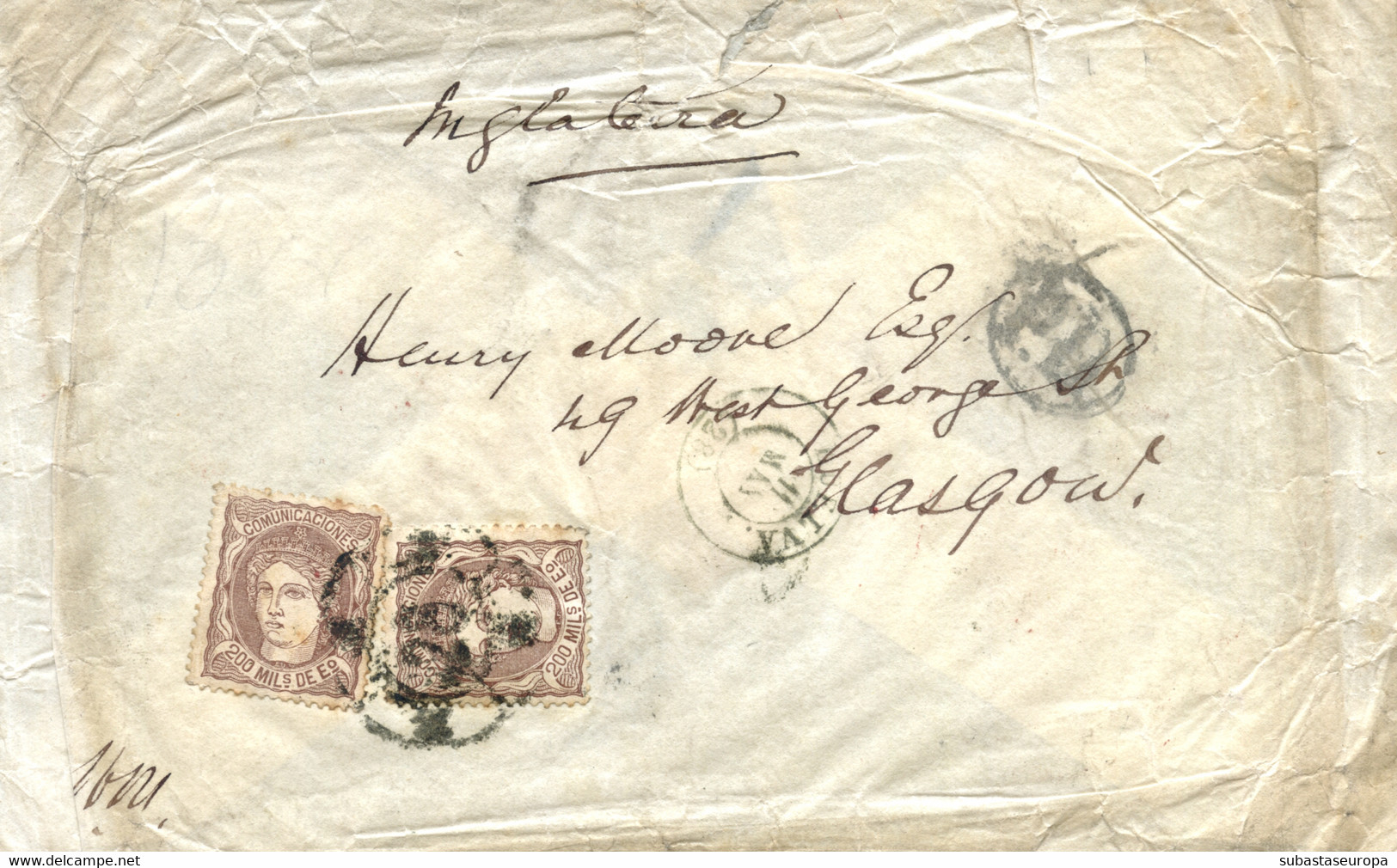 Ø 108(2) En Sobre De Huelva A Glasgow, El 11/5/1871. Mat. R.C. "28" En Negro De Huelva. En El Frente Fechador Y "P.D." R - Cartas & Documentos