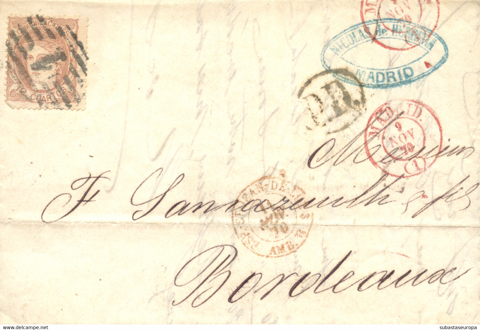 Ø 113 En Carta De Madrid A Burdeos (Francia), El 9/11/1870. Mat. P.C. "1". En El Frente Fechador En Rojo, "P.D." Ovalado - Lettres & Documents