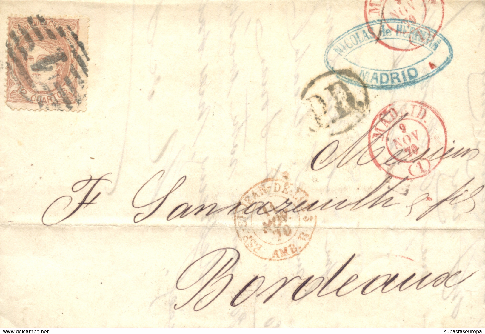 Ø 113 En Carta De Madrid A Burdeos (Francia), El 9/11/1870. Mat. P.C. "1". En El Frente Fechador En Rojo, "P.D." Ovalado - Storia Postale