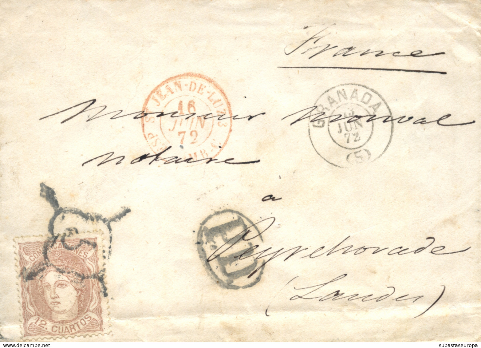 Ø 113 En Carta De Granada A Peyrehrade (Francia), El 13/6/1872. Mat. Araña Con Cifra "5" Especial De Granada. Al Dorso T - Brieven En Documenten