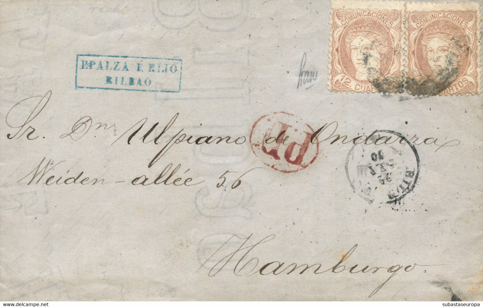Ø 113(2) En Envuelta De Bilbao A Hamburgo (Alemania), El 22/9/1870. Mat. P.C. "20" Ilegible. En El Frente Fechador Y "P. - Lettres & Documents