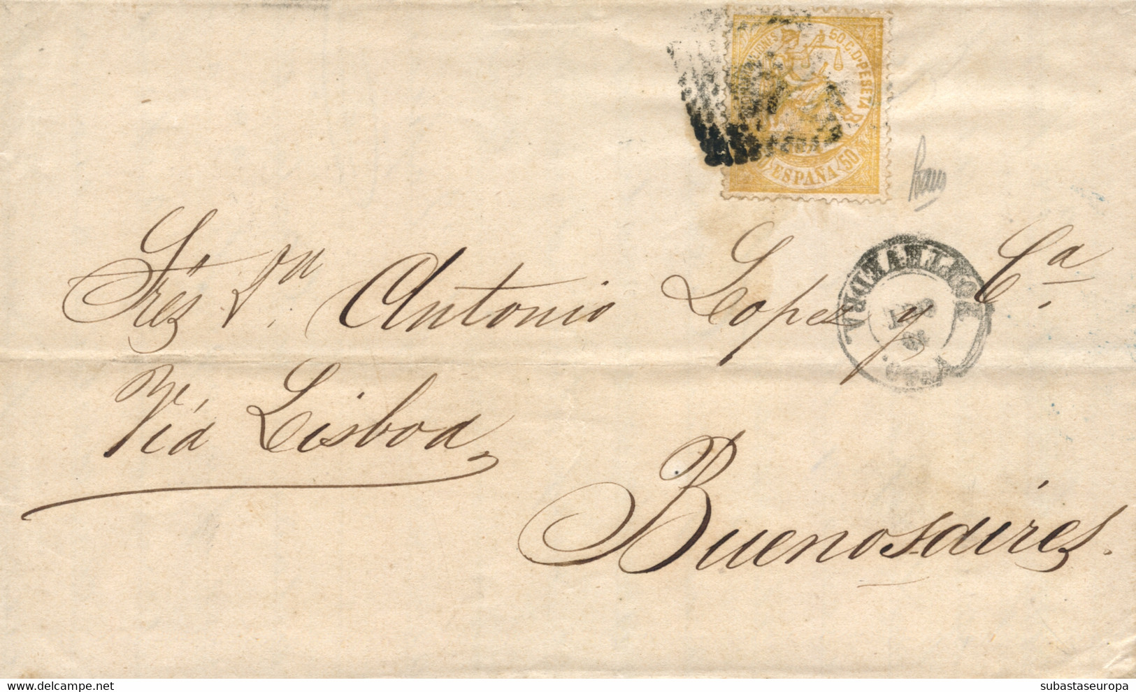 Ø 149 Y 153(bloque De 4 Al Dorso Roto Por Apertura) En Carta De Vigo A Buenos Aires, El 19/10/1874. Mat. R.P. Y Fechador - Cartas & Documentos