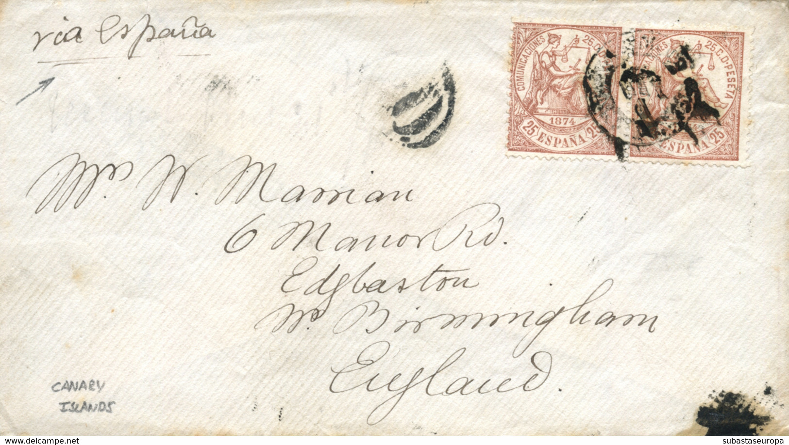 Ø 147(2) En Sobre A Gran Bretaña, En Abril 1875. Mat. Fechador De Canarias. Al Dorso Tránsito Por Madrid Y Llegada. Muy - Storia Postale