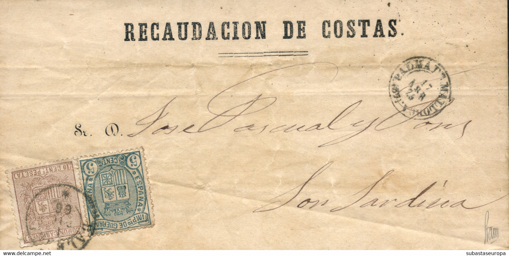 Ø 153 Y 154 En Sobre De Palma A Son Sardina, El 16/4/1875. Mat. Fechador Tipo I "BALEARES". En El Frente Fechador Tipo I - Storia Postale