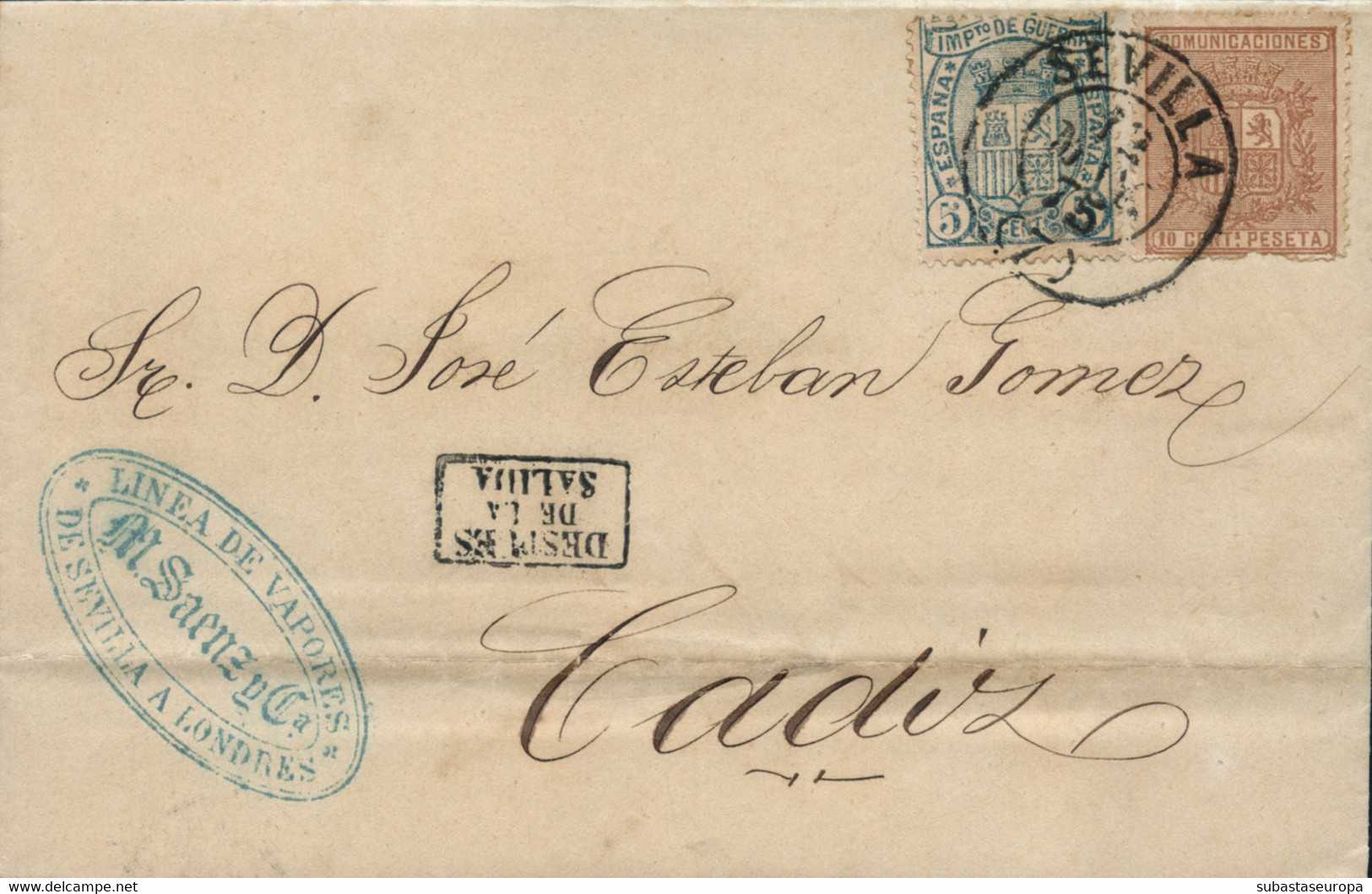 Ø 153 Y 154 En Carta De Sevilla A Cádiz, El 12/5/1875. Mat. Fechador. En El Frente Marca "DESPUES/DE LA/SALIDA" Recuadra - Brieven En Documenten