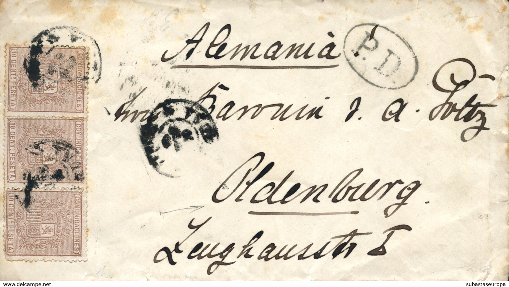 Ø 153(3) En Sobre De Vigo A Oldemburg (Alemania), El Año 1874. Mat. Fechador Poco Legible Que Se Repite En El Frente. "P - Covers & Documents