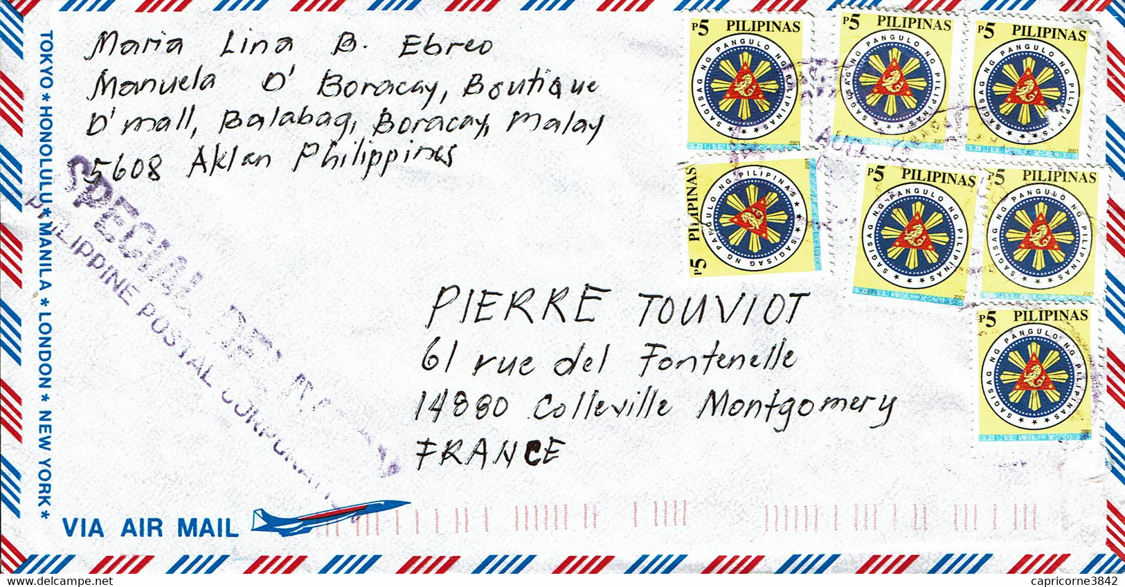 2001 - Lettre Pour La France - 7 Tp "Presidential Seal" N° 2667 + Cachet "SPECIAL DELIVERY" - Filippijnen