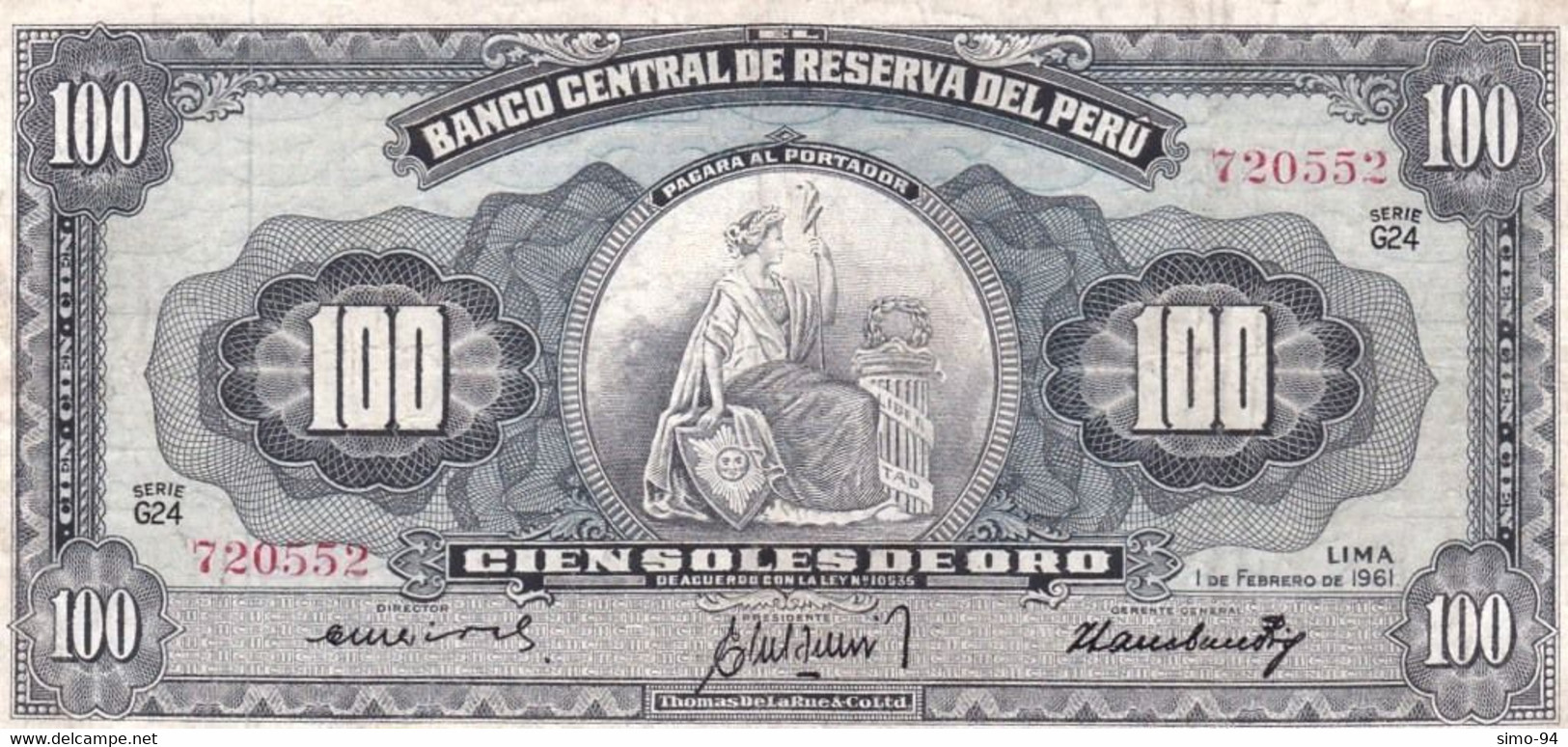 Peru P.79c 100  Soles 1961 Vf - Perú