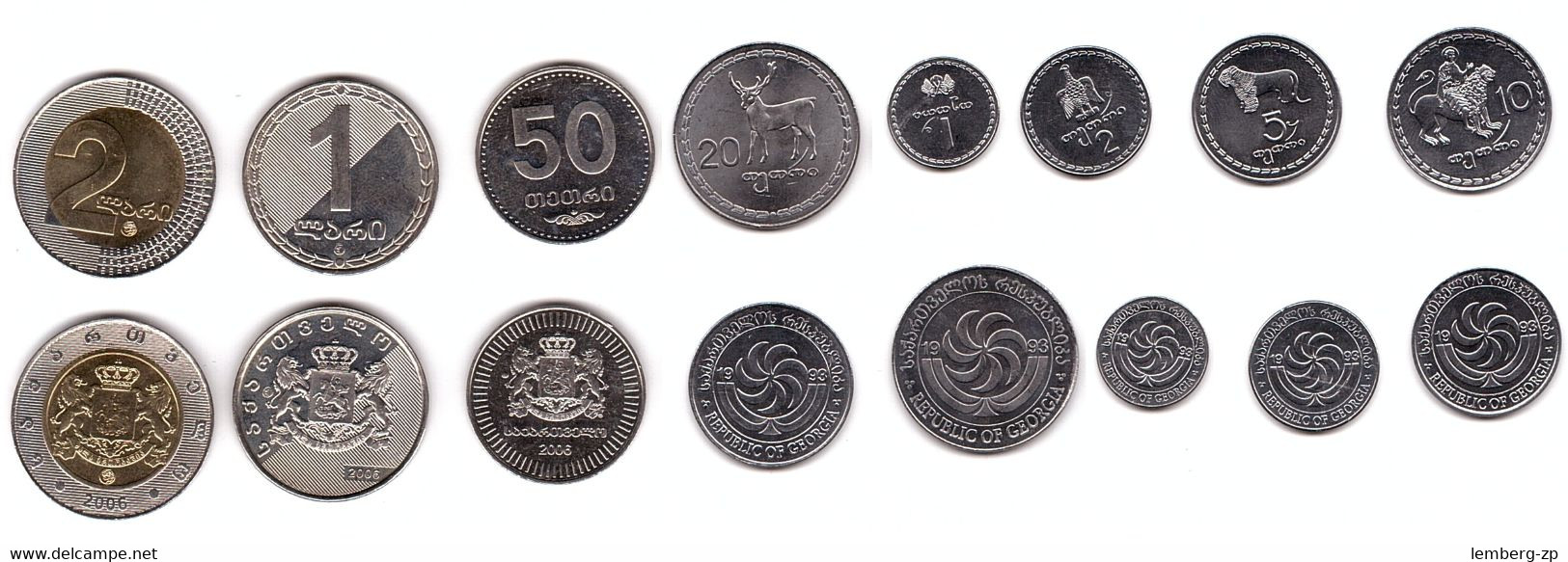 Georgia - Set 8 Coins 1 2 5 10 20 50 Tetri 1 2 Lari 1993 - 2006 UNC Lemberg-Zp - Georgia