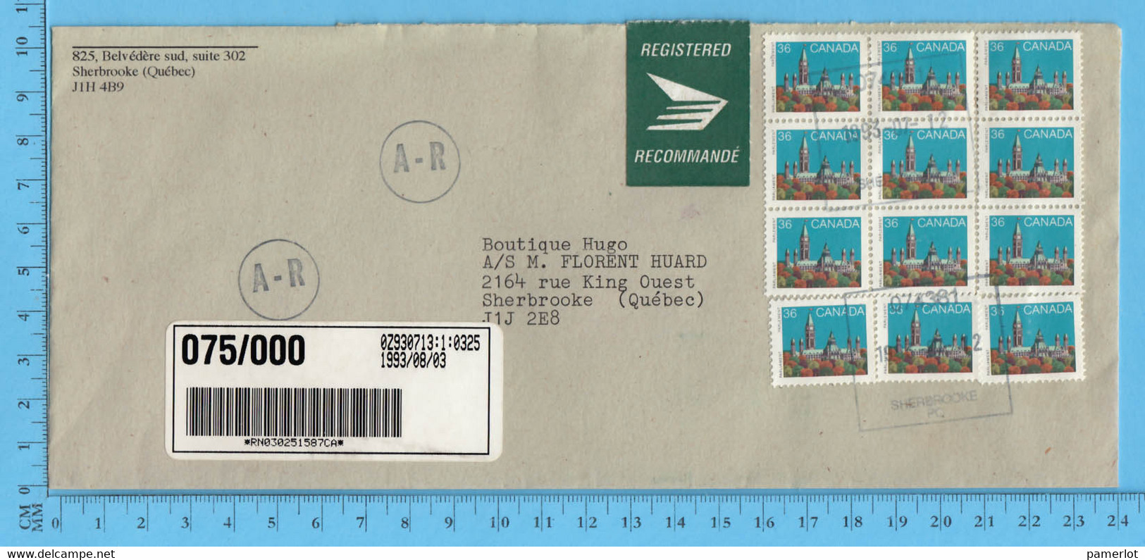 Lettre Enregistré 1993 - 12 Timbres De 38¢  Sherbrooke Que - Cartas & Documentos