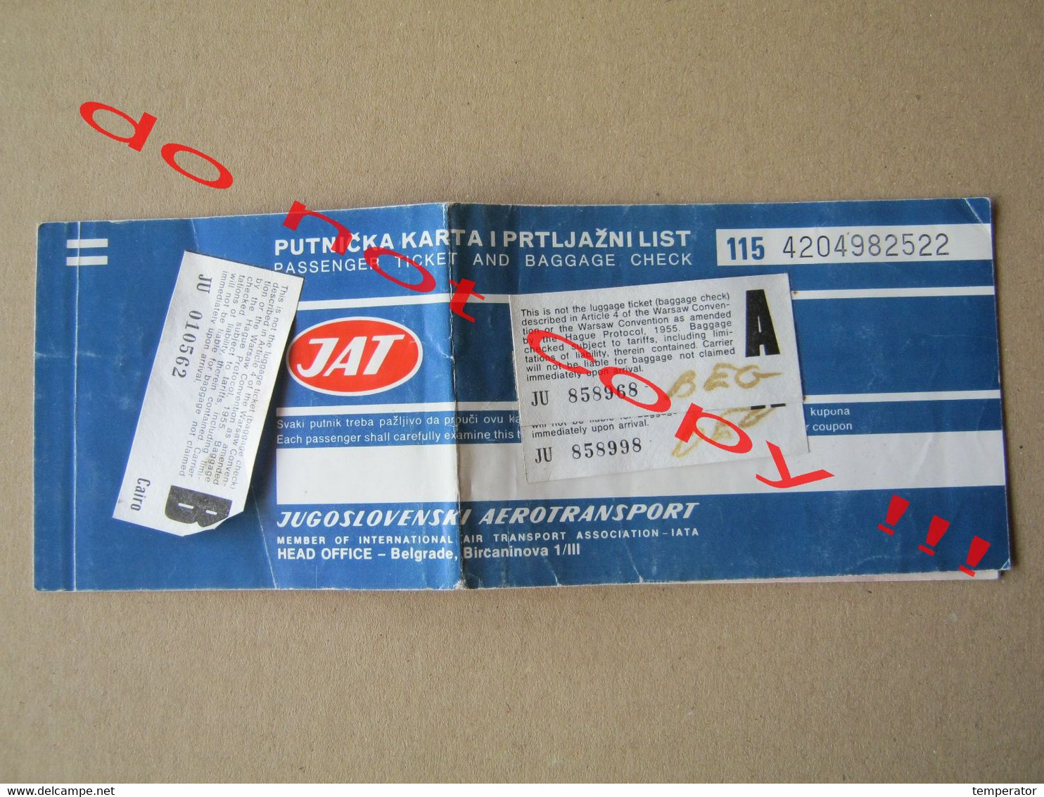 JAT YUGOSLAV AIRLINES -  Passenger Ticket And Baggage Check ( From Belgrade To Athens ? To ??  ) - Europe