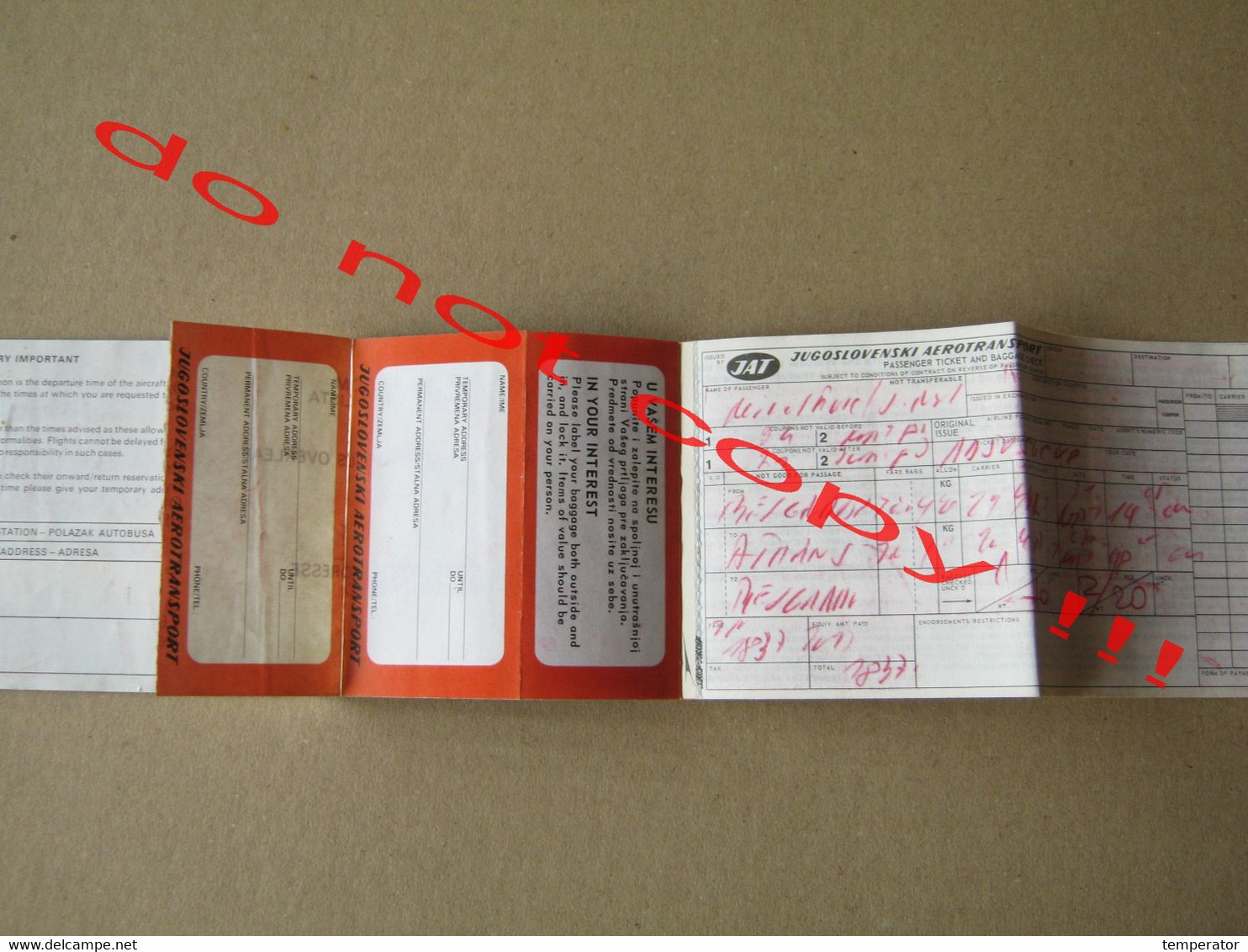 JAT YUGOSLAV AIRLINES -  Passenger Ticket And Baggage Check ( From Belgrade To Athens ? To ??  ) - Europe