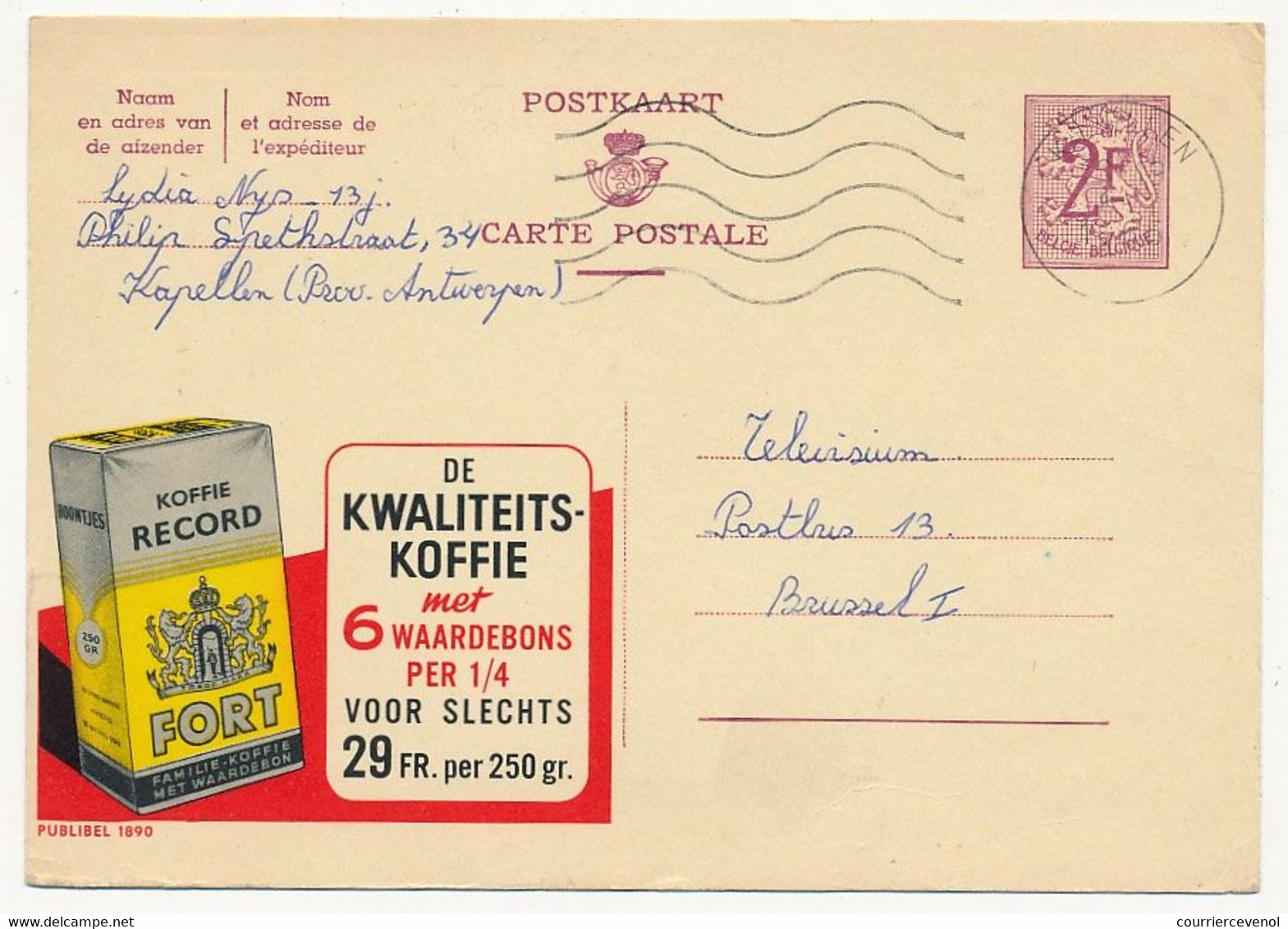 BELGIQUE => Carte Postale - 2F Publicité "Koffi Record FORT" - Publibel N°1890 - Publibels