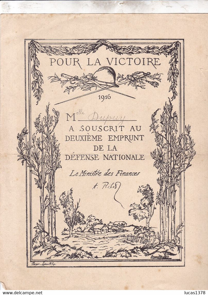 CERTIFICAT Bon De Versement D'or Pour La Défense National Plus Document POUR LA VICTOIRE 1916 - D - F