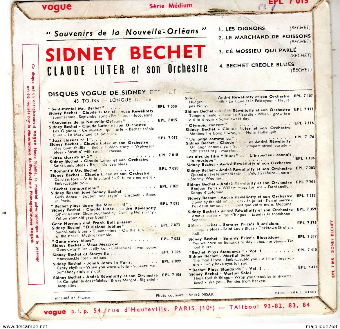 Disque - Sidney Bechet Et Claude Luter & Son Orch - Les Oignons - Vogue ELP 7015 - France 1958 - Jazz