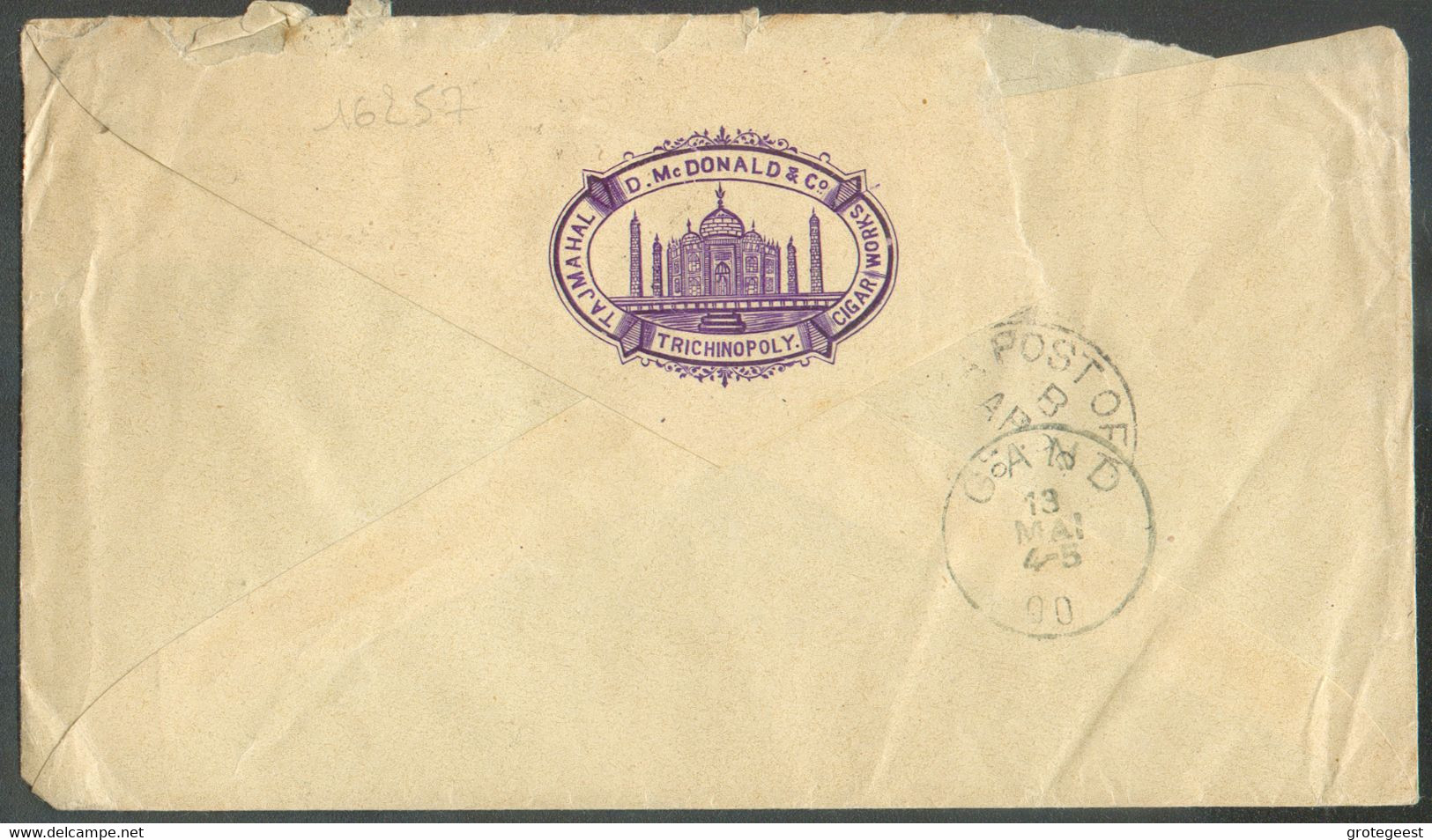 ½a. Green (x5) Obl. Dc TRICHINOPOLY (on The Back Nice Ill. TAJ MAHAL D. Mc. DONALD CIGAR WORKS) On Cover From 21.04 1900 - 1882-1901 Keizerrijk