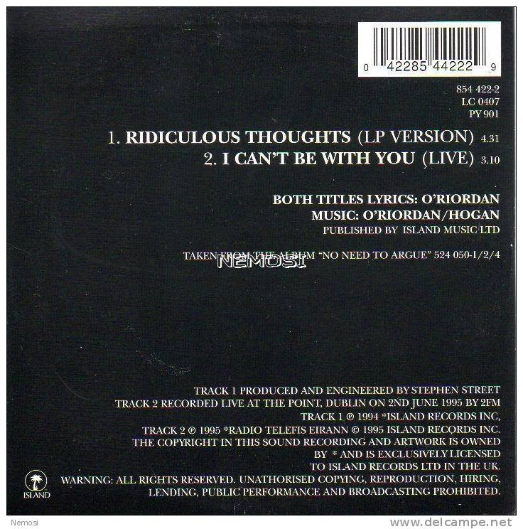 CD - CRANBERRIES - Ridiculous Thoughts (LP Version - 4.31) - I Can't Be With You (live - 3.10) - Collector's Editions