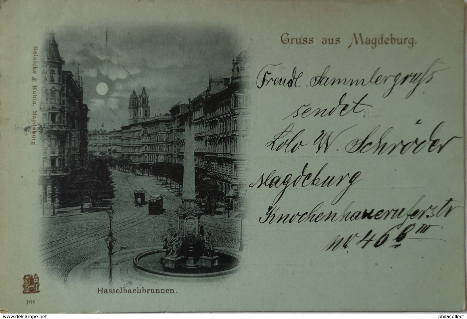 Magdeburg // Gruss Aus - Mondschein Karte // Hasselbachbrunnen Pferdentram) 1899 - Magdeburg