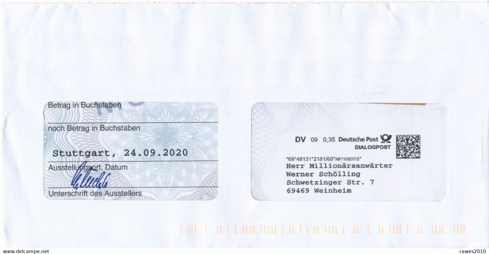 BRD / Bund Stuttgart Dialogpost DV 09 0,35 Euro 2020 Glöckle Lotterie - Lettres & Documents